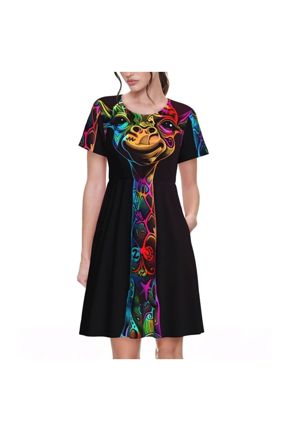 Neon Psychedelic Giraffe for Womens Summer 2025 Casual Midi Maxi Dresses Lightweight Short Sleeve Round Neck Beach Dress -Small