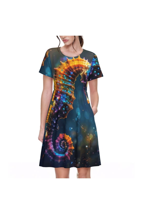 Neon Seahorse Underwater Realm for Womens Summer 2025 Casual Midi Maxi Dresses Lightweight Short Sleeve Round Neck Beach Dress -Medium