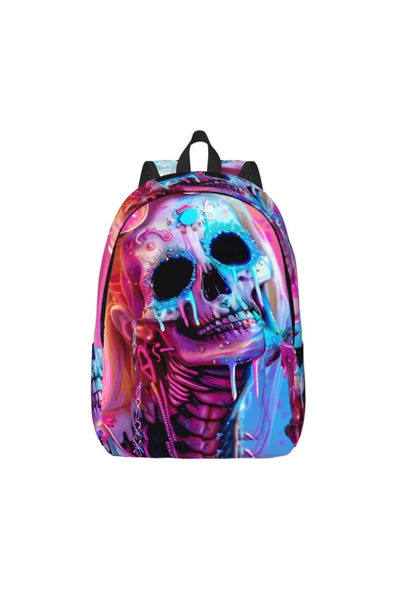 Neon Skull With Milkshake Print Canvas Backpack Travel Rucksack Unisex Knapsack 15.7/17.7Inch Laptop Backpack for Work,College -Small
