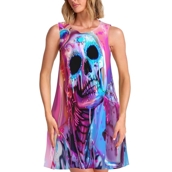 Vsdgher Neon Skull With Milkshake Print Summer Dresses for Women Casual U Neck Beach Dress Sleeveless Tank Loose Sundress with Pocket -XX-Large