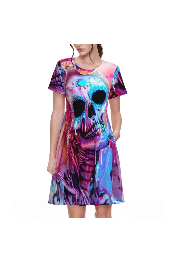 Neon Skull With Milkshake for Womens Summer 2025 Casual Midi Maxi Dresses Lightweight Short Sleeve Round Neck Beach Dress -Large