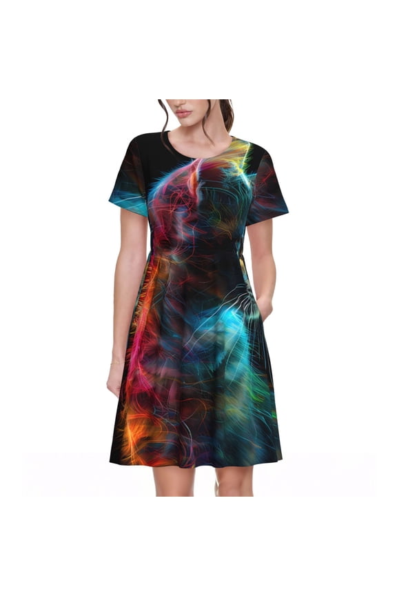 Neon Spectrum Cat Portrait for Womens Summer 2025 Casual Midi Maxi Dresses Lightweight Short Sleeve Round Neck Beach Dress -X-Large