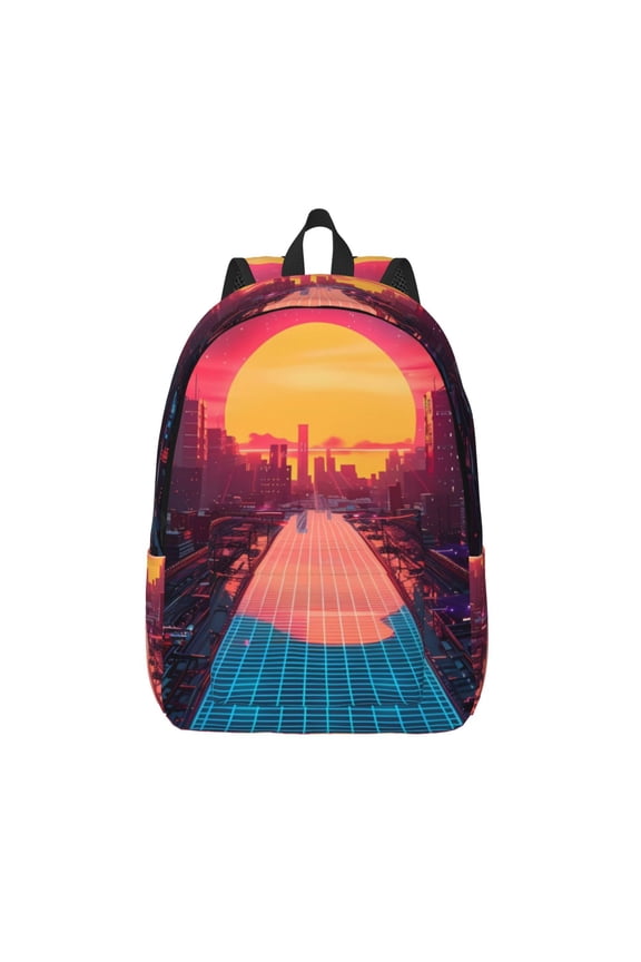 Neon Sunset Cyberpunk Cityscape Print Canvas Backpack Travel Rucksack Unisex Knapsack 15.7/17.7Inch Laptop Backpack for Work,College -Small