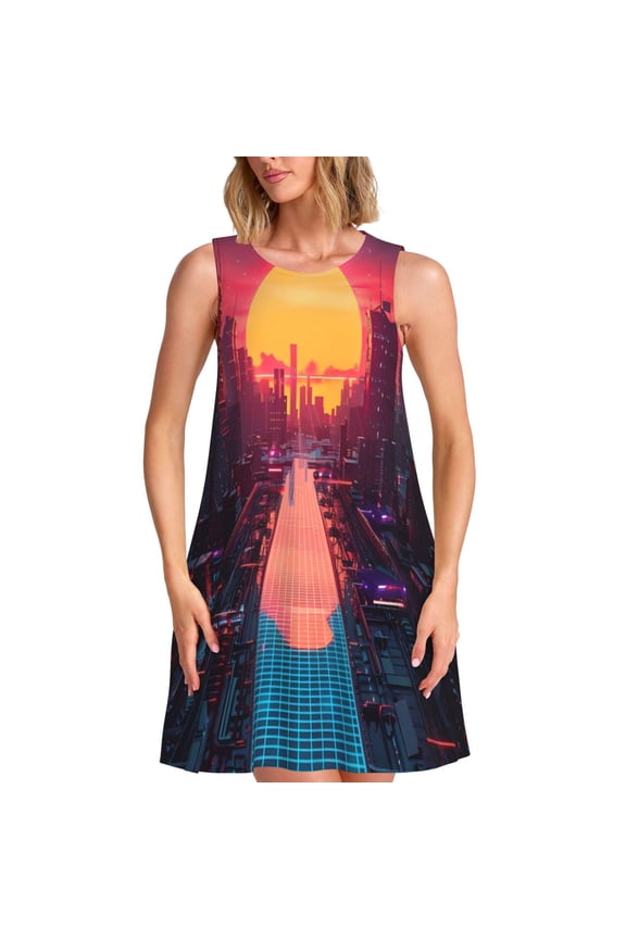 Neon Sunset Cyberpunk Cityscape Print Summer Dresses for Women Casual U Neck Beach Dress Sleeveless Tank Loose Sundress with Pocket -Medium
