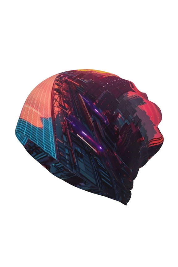 Neon Sunset Cyberpunk Cityscape Slouchy Beanie Hat for Men/Women, Skull Cap Chemo Cap Night Sleeping Cap