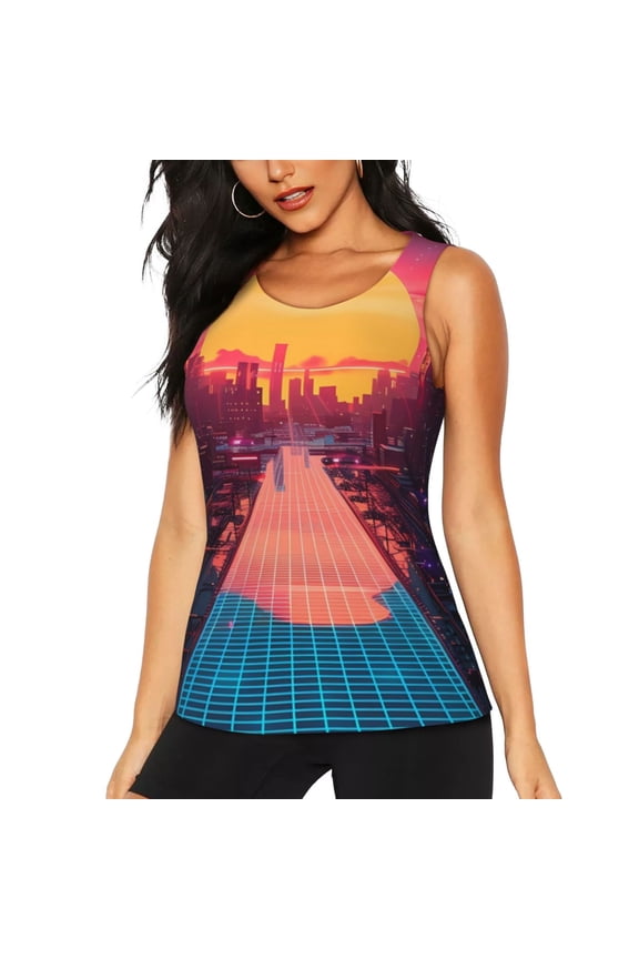 Neon Sunset Cyberpunk Cityscape Tank Top Sports Vest Bra for Women Sports ,Quick Dry Sports Workout Running Top Vest-Large