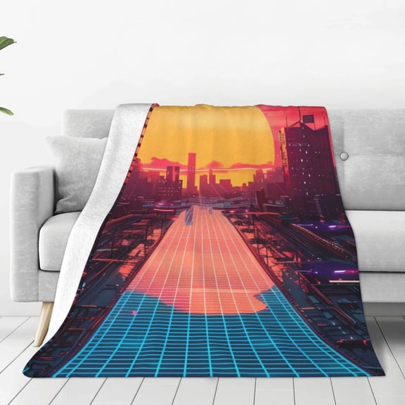 Vsdgher Neon Sunset Cyberpunk Cityscape Ultra-Soft Micro flannel Blanket Throw Blankets for Couch Sofa, Bed (4 sizes)-80"x60"