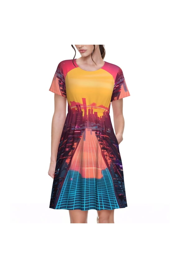 Neon Sunset Cyberpunk Cityscape for Womens Summer 2025 Casual Midi Maxi Dresses Lightweight Short Sleeve Round Neck Beach Dress -X-Large