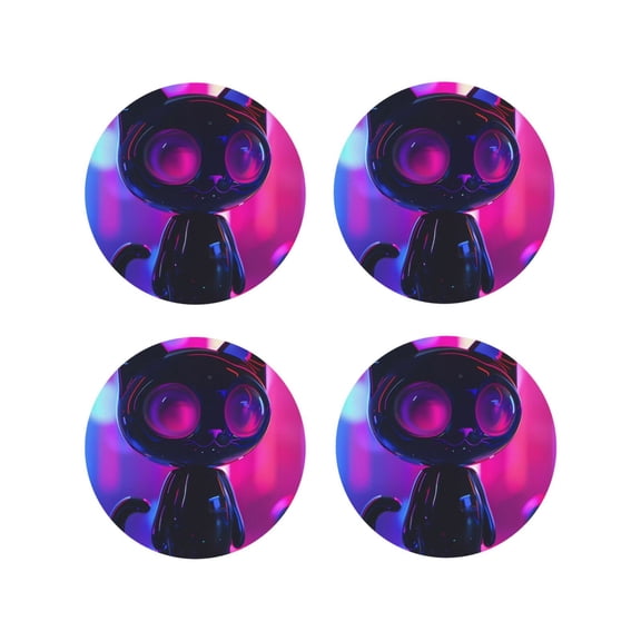 Vsdgher Neon Toy Cat Reflections Leather Coasters for Drinks, Durable Drink Coasters 4 Set for Tabletop Protection, Luxurious Home Décor and Housewarming Gift-Round Shape