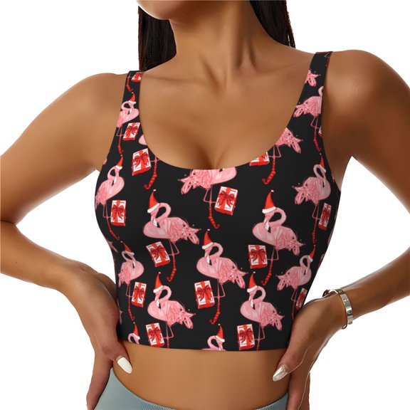 Vsdgher New Year Flamingo Sports Bras for Women, Women Athletic Tank Top Built-in Bra Camisole Sports Vest for Yoga Running Fitness Exercise-XX-Large