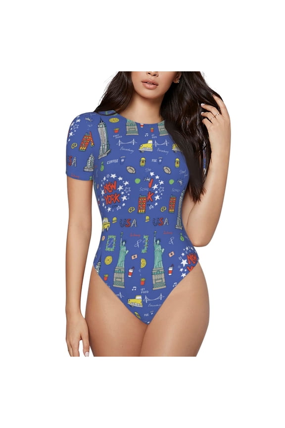 New-York City Prinr Short Sleeve Body suit for Womens, Sexy Onesie One Piece Round Neck Bodysuit Shapewear Tummy Control-Medium