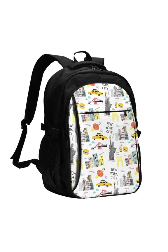 New York Print Travel Laptop Backpack, Laptops Backpack with USB Charging Port, Water Resistant Computer Bag Gift for Men & Women