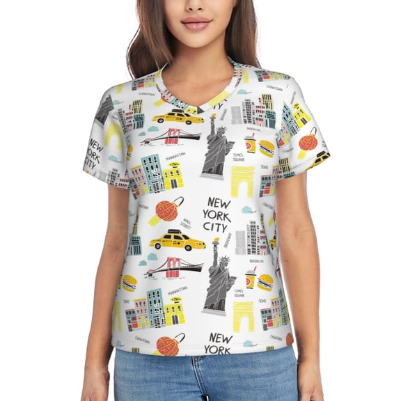 Vsdgher New York Women Shirts V Neck Short Sleeve Tops T-Shirt Basic Tees, S to 3XLX-Large