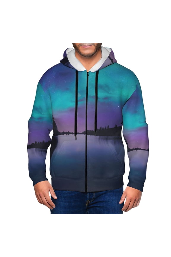 Night At Lake Aurora Mens Hoodies Zip Hoodie, Hoodies for Men, Zip-up Hooded Sweatshirt-XX-Large