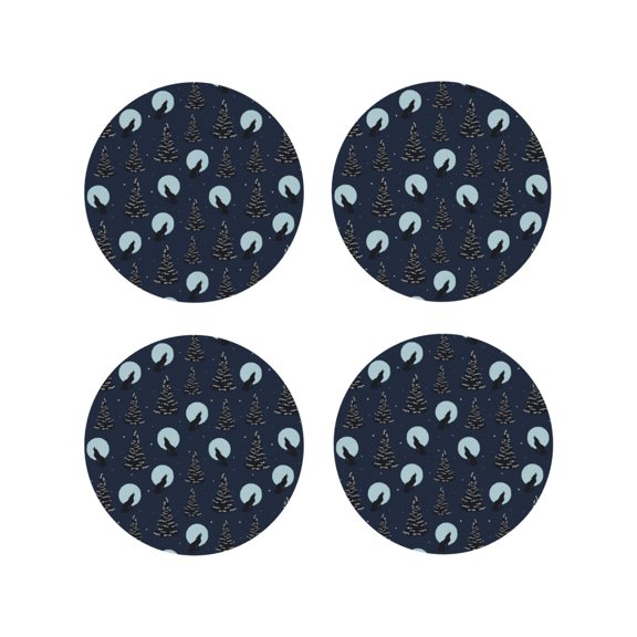 Vsdgher Night Forest Wolf Leather Coasters for Drinks, Durable Drink Coasters 4 Set for Tabletop Protection, Luxurious Home Décor and Housewarming Gift-Round Shape