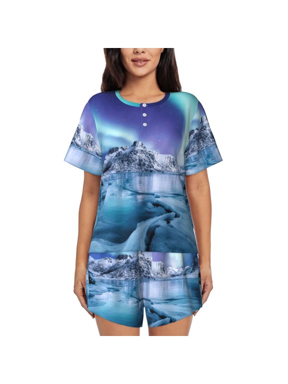 Night At Lake Aurora 1 Pattern Womens Pajamas 2 Piece Short Sleeve Sleepwear Set,Summer Soft Pajamas Set Casual Lounge Sets, 2-Piece Pj -X-Large