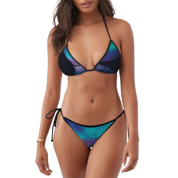 Vsdgher Night At Lake Aurora Pattern Sexy Bikini Set for Women,Two Piece Swimsuit V Neck Swimwear Halter Tie Bathing Suit Self Tie Spaghetti Straps -Large