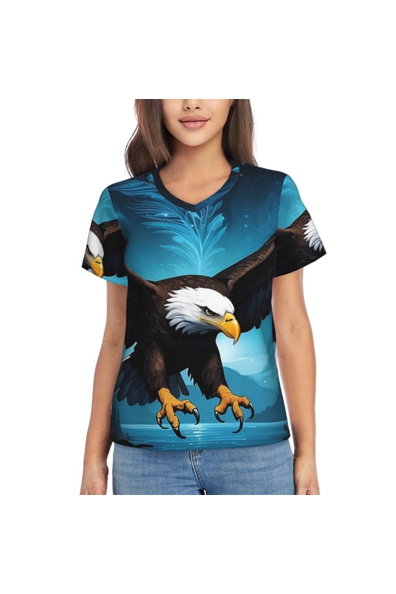 Night Sky Forest Bald Eagle Women Shirts V Neck Short Sleeve Tops T-Shirt Basic Tees, S to 3XLLarge