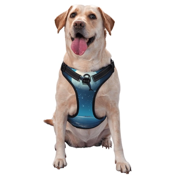 Vsdgher Night Sky Moon Dolphin Pattern Dog Harness,No Pull Pet Harness with Soft Padded Handle,Adjustable Reflective Vest with 2 Buckles,4 Slide Buckles,S-XL