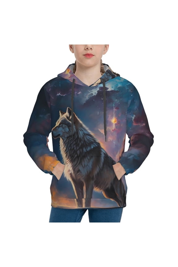 Night Sky Wolf Hoodie Youth Classic Hooded Pullover Sweatshirts Essentials Hoodie for Children (s-xl)-Medium
