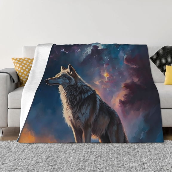 Vsdgher Night Sky Wolf Pattern Fleece Throw Blanket, Horizontal Fleece Bedding Home Decor for Couch & Bed All Season Use -80"x60"