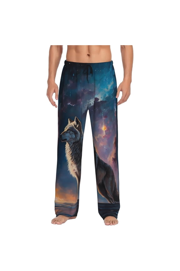 Night Sky Wolf Print Mens Pajama Pants Sleep & Lounge Pants, PJ Bottoms With elastic waistb and Pockets