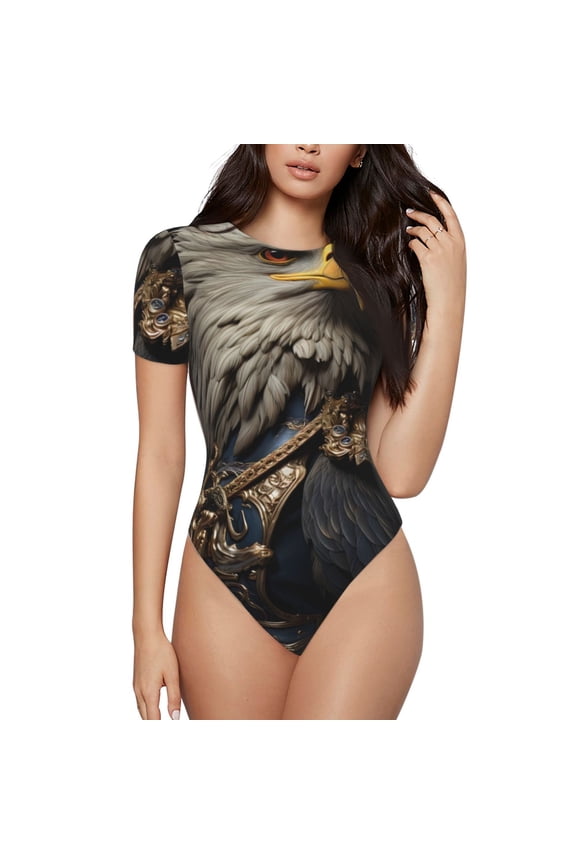 Noble Style Bald Eagle Prinr Short Sleeve Body suit for Womens, Sexy Onesie One Piece Round Neck Bodysuit Shapewear Tummy Control-X-Large