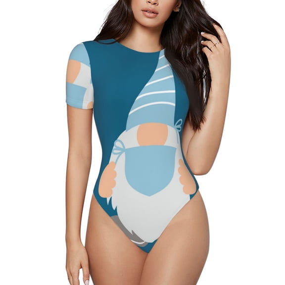 Vsdgher Nurse Doctor Gnomes Prinr Short Sleeve Body suit for Womens, Sexy Onesie One Piece Round Neck Bodysuit Shapewear Tummy Control-Medium