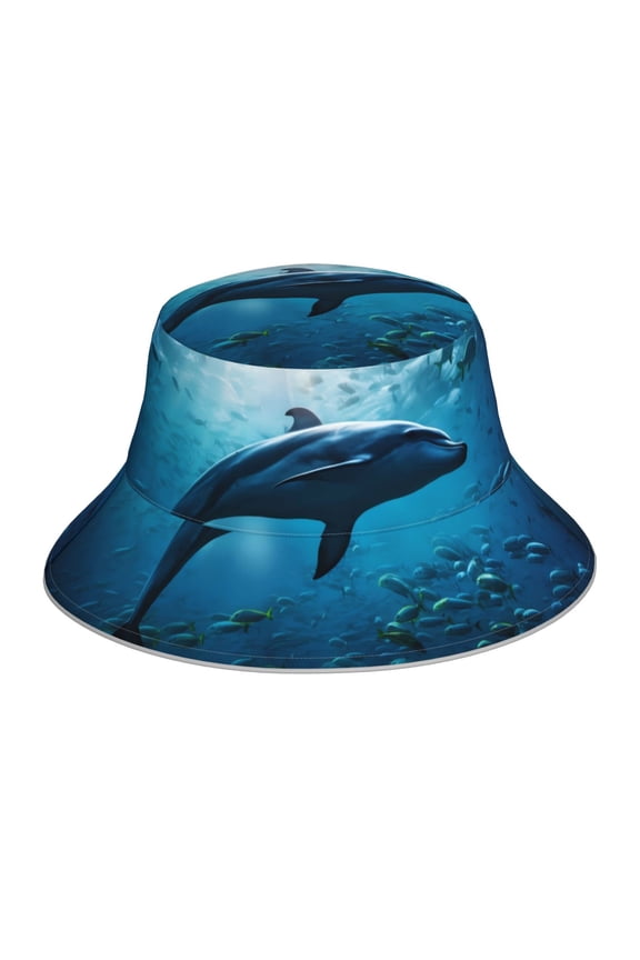 Ocean Dolphin Fish School Print Bucket Hat for Men&Women Bucket Hat Reversible Summer Double-Side-Wear Travel Gardening, Beach, Camping, Hiking, Fishing Cap