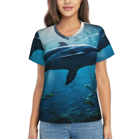 Vsdgher Ocean Dolphin Fish School Women Shirts V Neck Short Sleeve Tops T-Shirt Basic Tees, S to 3XLSmall