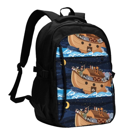 Vsdgher Ocean Scene with Noah's Ark Print Travel Laptop Backpack, Laptops Backpack with USB Charging Port, Water Resistant Computer Bag Gift for Men & Women