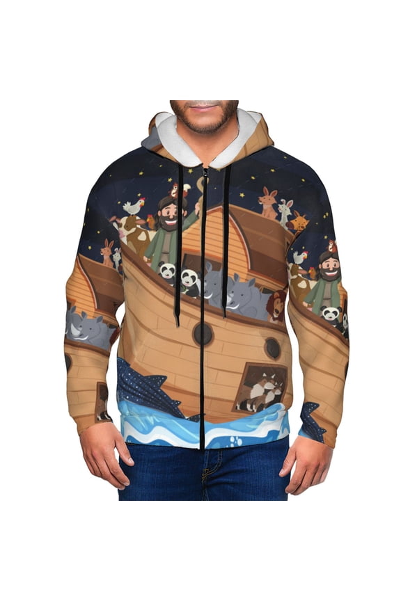 Ocean Scene with Noah's Ark Mens Hoodies Zip Hoodie, Hoodies for Men, Zip-up Hooded Sweatshirt-Large