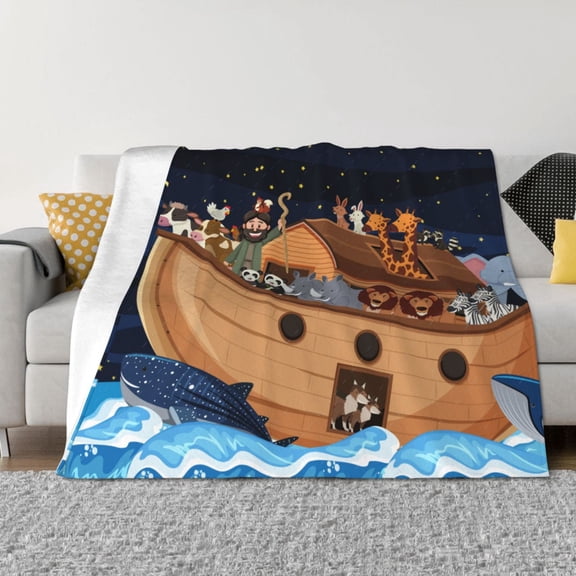 Vsdgher Ocean Scene with Noah's Ark Pattern Fleece Throw Blanket, Horizontal Fleece Bedding Home Decor for Couch & Bed All Season Use -40"x30"