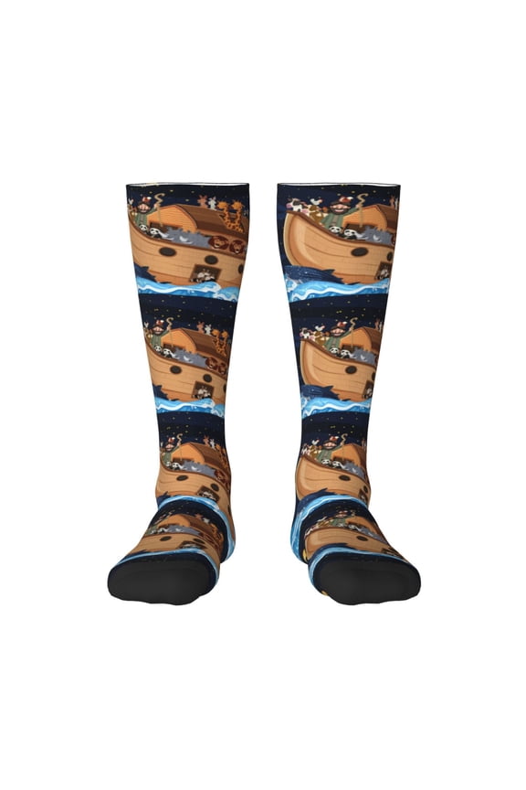 Ocean Scene with Noah's Ark Print Thigh High Socks Extra Long Stretchy Sock Women Over Knee High Opaque Stocking Daily Wear