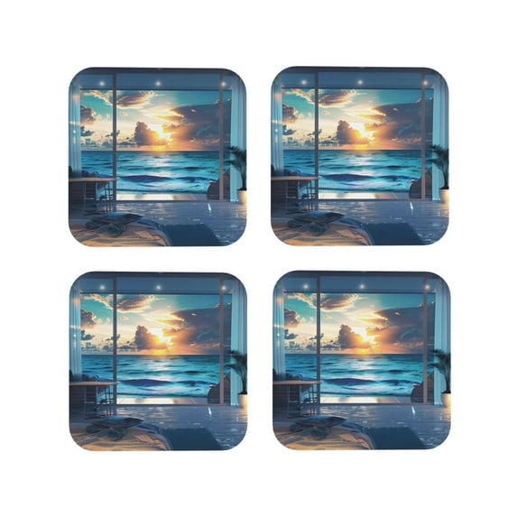 Vsdgher Ocean View Bedroom Leather Coasters for Drinks, Durable Drink Coasters 4 Set for Tabletop Protection, Luxurious Home Décor and Housewarming Gift-Square