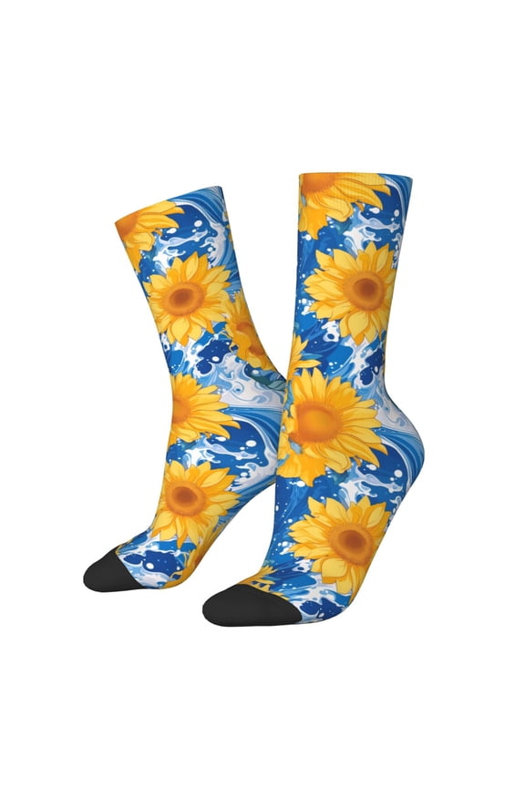 Ocean Wave Sunflower Crew Socks for Men & Women, Breathable Casual Athletic Ankle Socks
