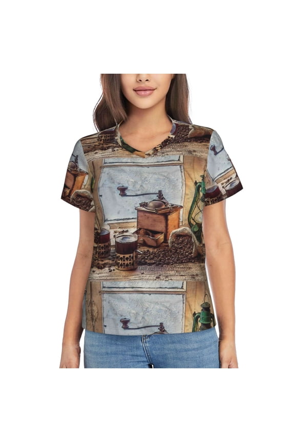 Oil Lamp Coffee Beans Women Shirts V Neck Short Sleeve Tops T-Shirt Basic Tees, S to 3XLXX-Large