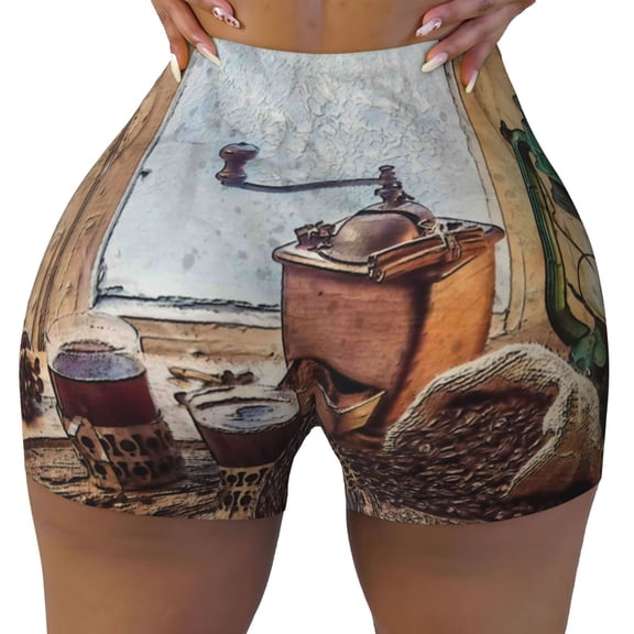 Vsdgher Oil Lamp Coffee Beans print Workout Shorts for Women Seamless Soft Smooth Gym Yoga Scrunch Active Exercise Fitness Shorts