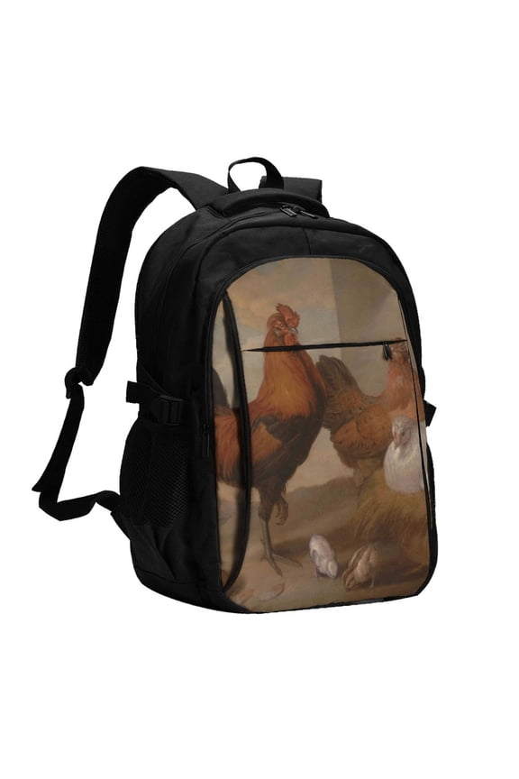 Oil Painting Chicken And Duck Print Travel Laptop Backpack, Laptops Backpack with USB Charging Port, Water Resistant Computer Bag Gift for Men & Women