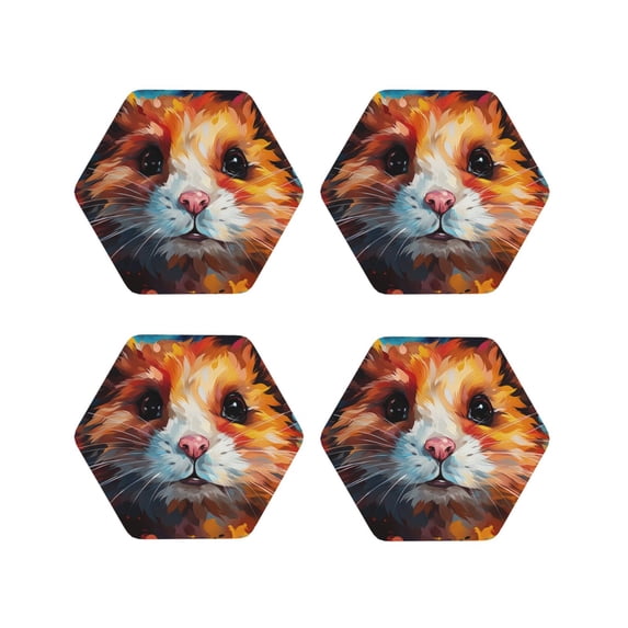 Vsdgher Oil Painting Colorful Hamster Leather Coasters for Drinks, Durable Drink Coasters 4 Set for Tabletop Protection, Luxurious Home Décor and Housewarming Gift ( {designName})Hexagon