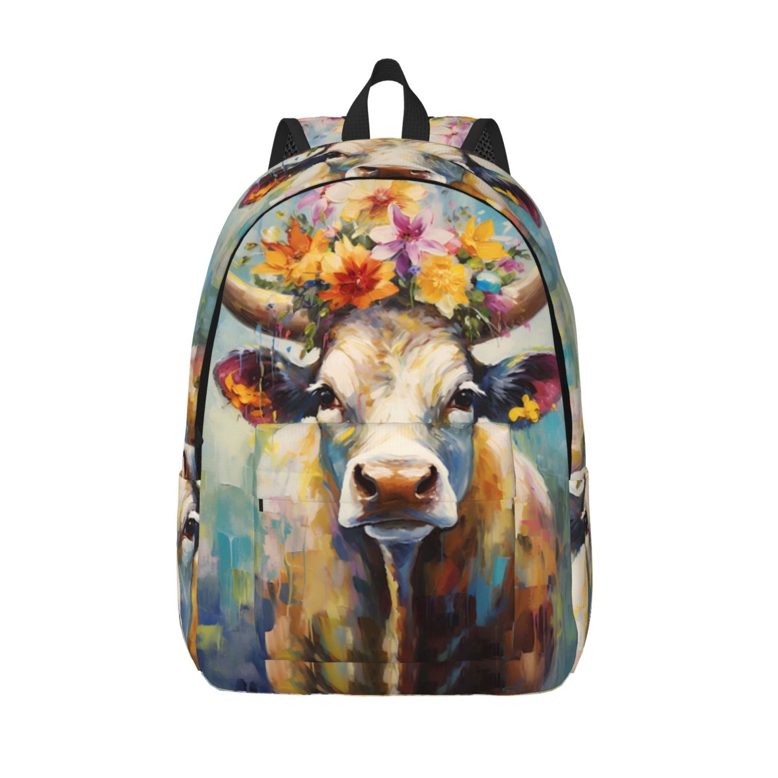 Vsdgher Oil Painting Flower Cow Print Canvas Backpack Travel Rucksack Unisex Knapsack 15.7/17.7Inch Laptop Backpack for Work,College -Medium