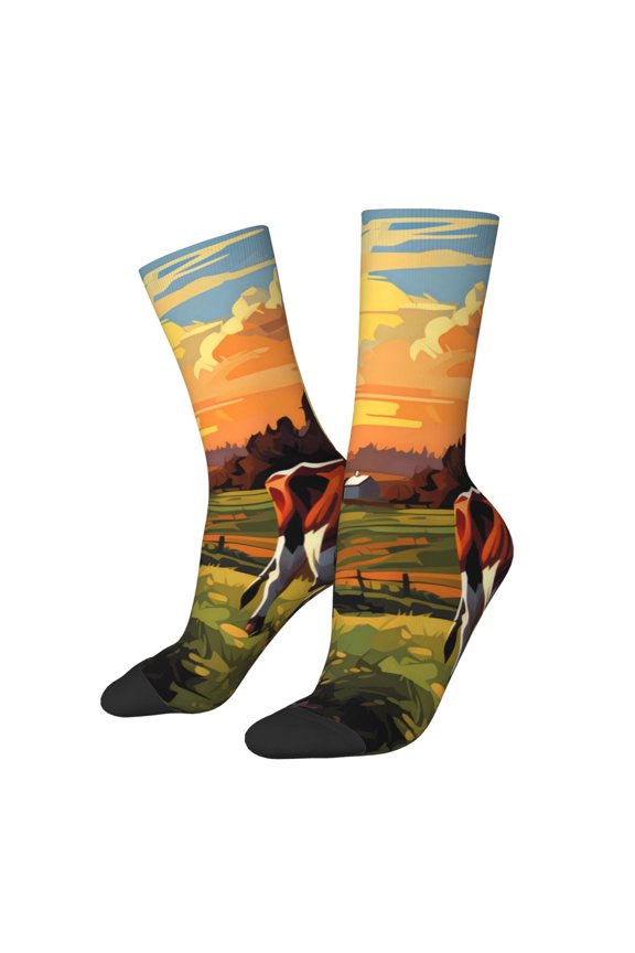 Oil Painting Style Pasture Cow Crew Socks for Men & Women, Breathable Casual Athletic Ankle Socks