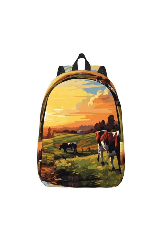 Oil Painting Style Pasture Cow Print Canvas Backpack Travel Rucksack Unisex Knapsack 15.7/17.7Inch Laptop Backpack for Work,College -Medium