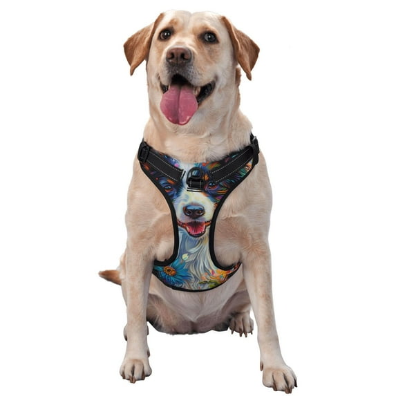 Vsdgher Oil Painting Sunflower Puppy Pattern Dog Harness,No Pull Pet Harness with Soft Padded Handle,Adjustable Reflective Vest with 2 Buckles,4 Slide Buckles,S-XL Large