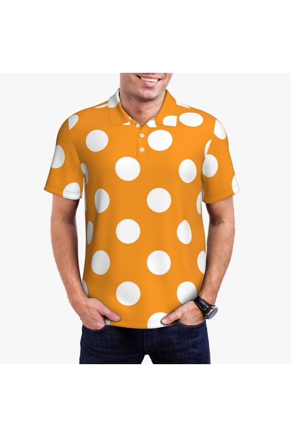 Orange And White Polka Dot Polo Shirts for Men, Men's Short Sleeve Stretch Polo Shirt, Shirts for Men-X-Large