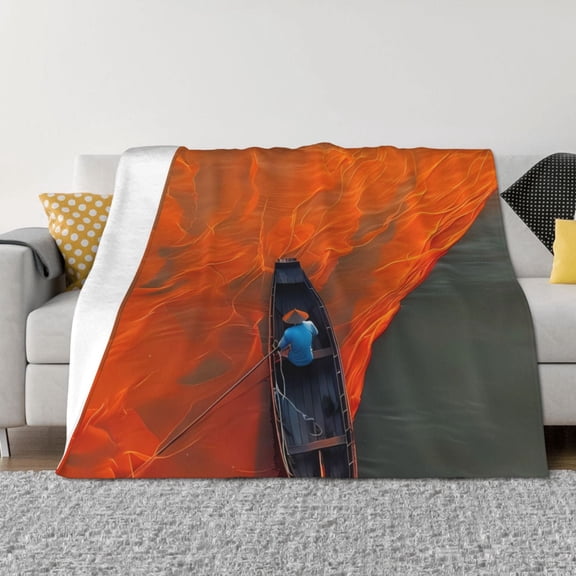 Vsdgher Orange Net Fishing Boat Pattern Fleece Throw Blanket, Horizontal Fleece Bedding Home Decor for Couch & Bed All Season Use -40"x30"