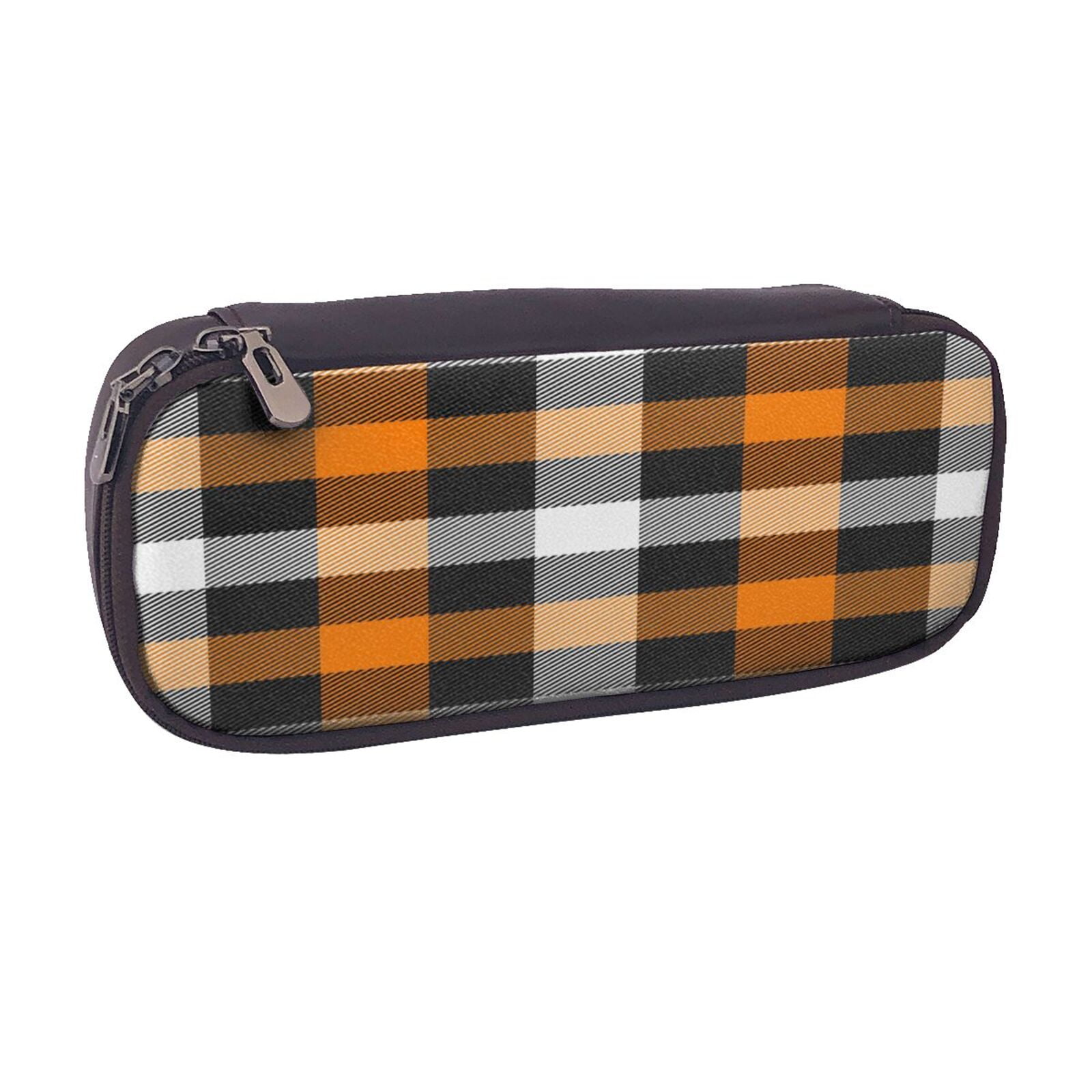 vsdgher-orange-plaid-print-pen-case-leather-pencil-pouch-markers-holder-big-capacity-bag-with-zippered-pocket-for-stationery-tool-walmart-com