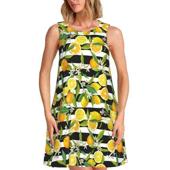 Vsdgher Orange and Lemon Print Summer Dresses for Women Casual U Neck Beach Dress Sleeveless Tank Loose Sundress with Pocket -Large