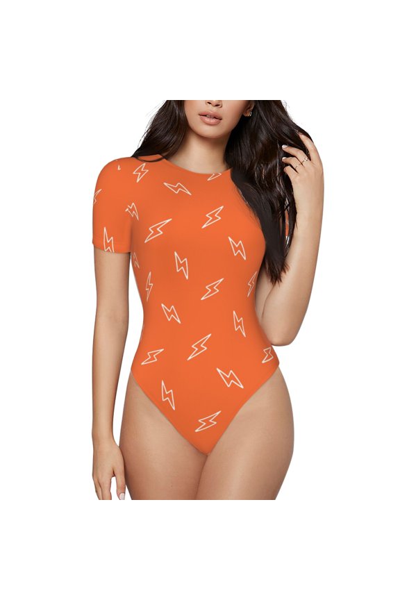 Orange lightning Prinr Short Sleeve Body suit for Womens, Sexy Onesie One Piece Round Neck Bodysuit Shapewear Tummy Control-X-Large