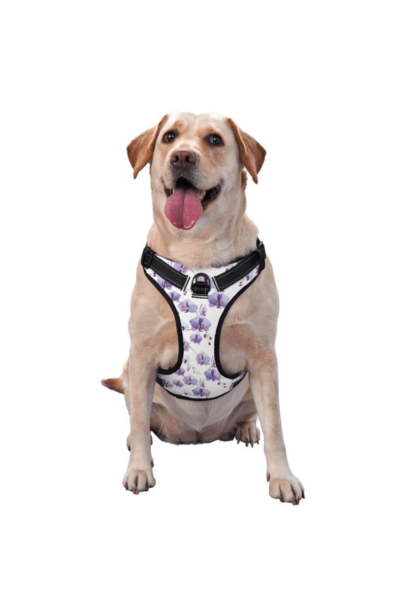 Orchids Flowers Pattern Dog Harness,No Pull Pet Harness with Soft Padded Handle,Adjustable Reflective Vest with 2 Buckles,4 Slide Buckles,S-XL Medium